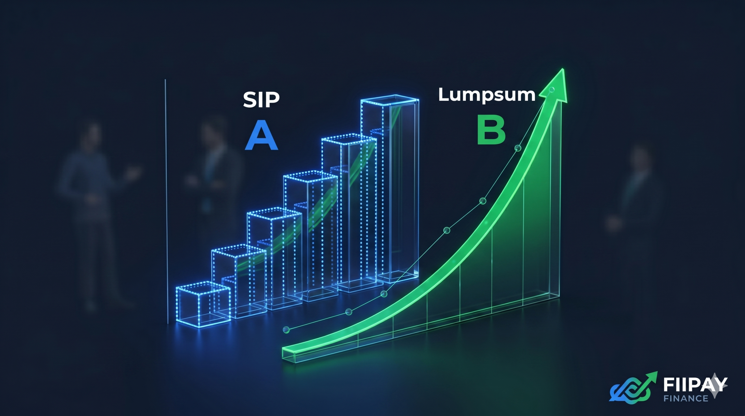 Featured image for FiiPay comparing SIP and lumpsum on a dark navy background, showing a dynamic 3D neon glass chart contrasting a blue dotted step-up path and a green upward compounding curve.