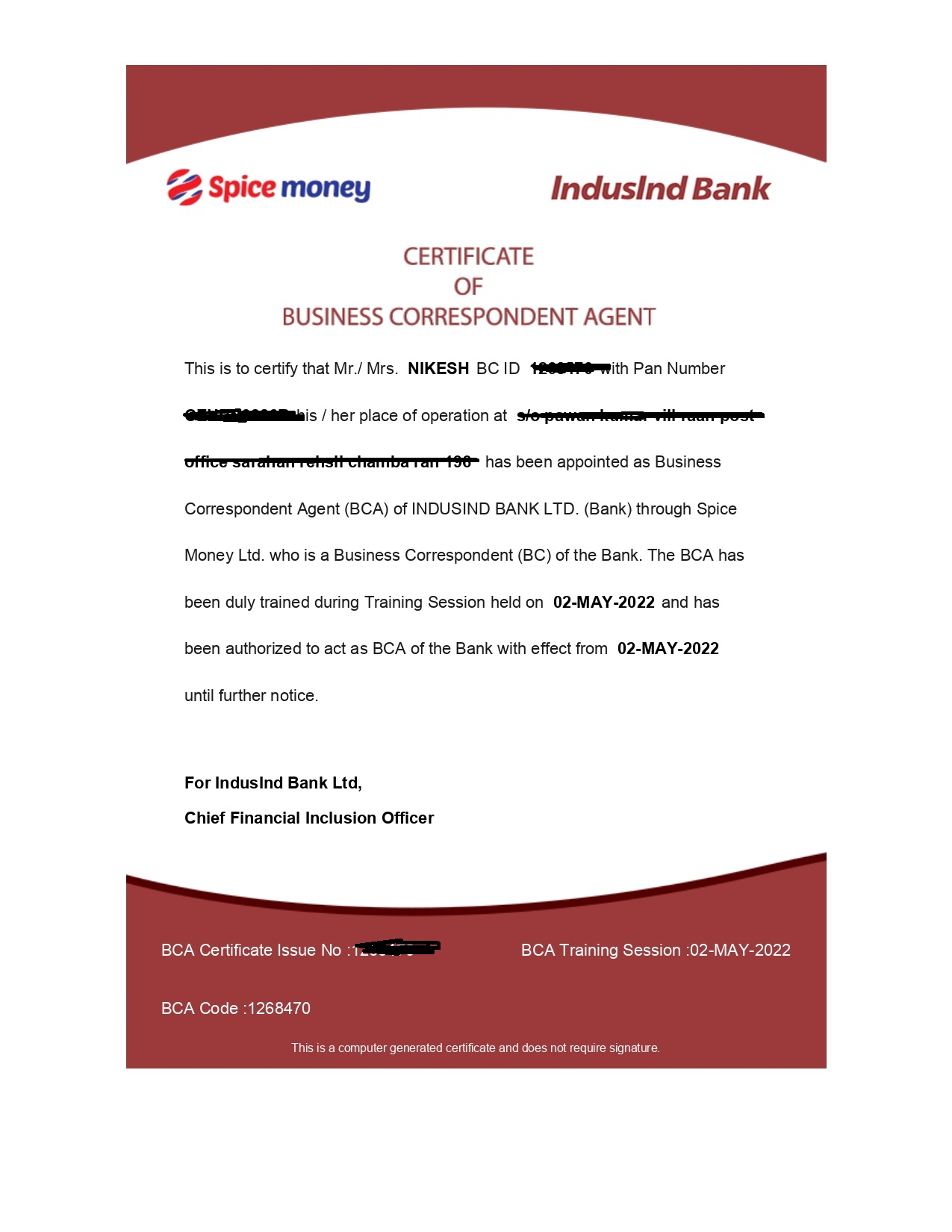 IndusInd Bank BC Certificate - Spice Money