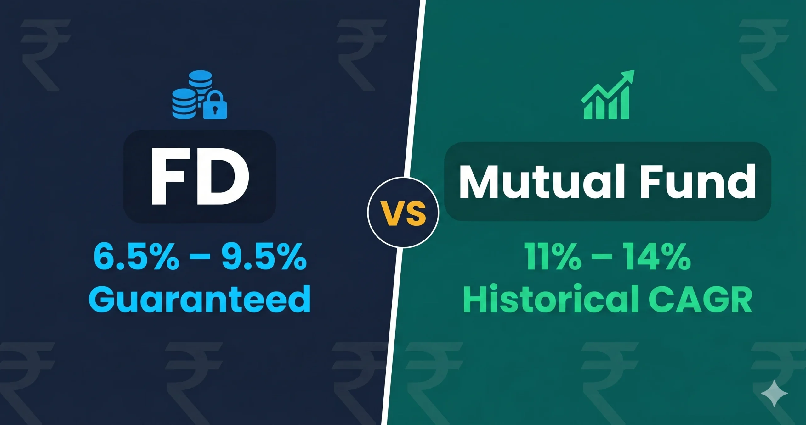 FD vs mutual fund India 2026 comparison showing guaranteed FD returns versus equity mutual fund historical CAGR
