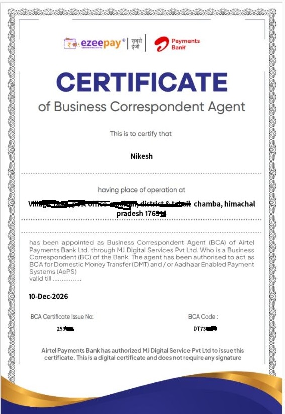 Airtel Payments Bank BC Certificate - Ezeepay