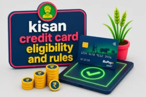 3D illustration of a bank card, tablet, and wheat representing Kisan Credit Card loan eligibility and application process