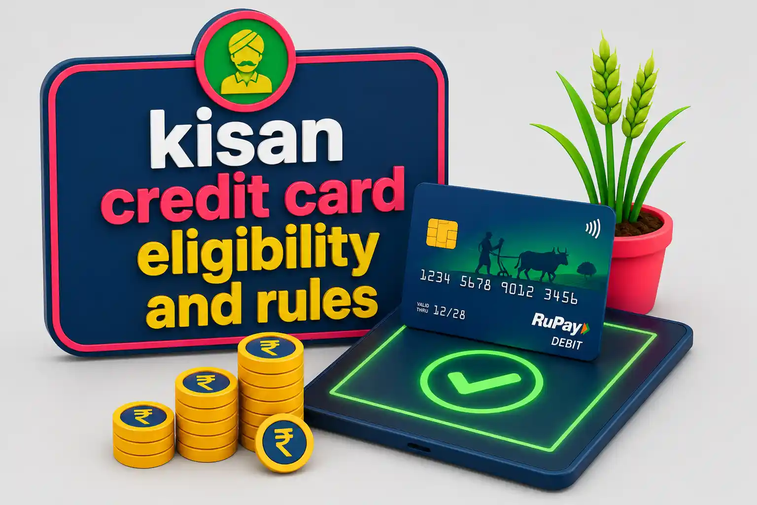 3D illustration of a bank card, tablet, and wheat representing Kisan Credit Card loan eligibility and application process