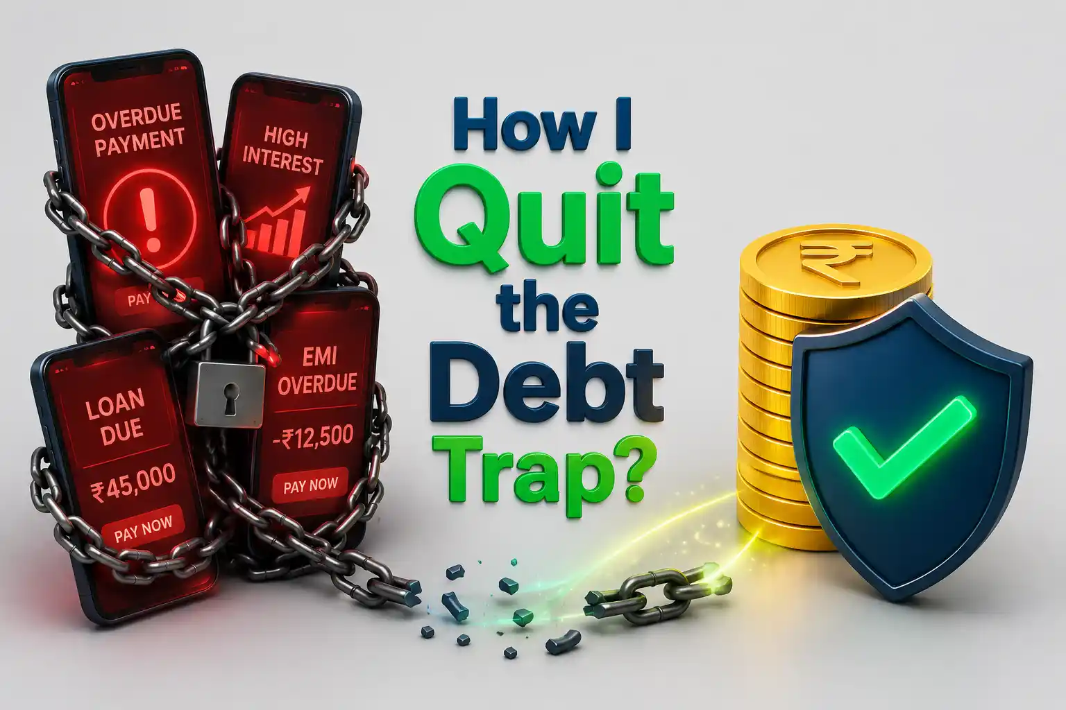 3D illustration showing multiple chaotic smartphone loan app debts being consolidated into a single secure personal loan shield