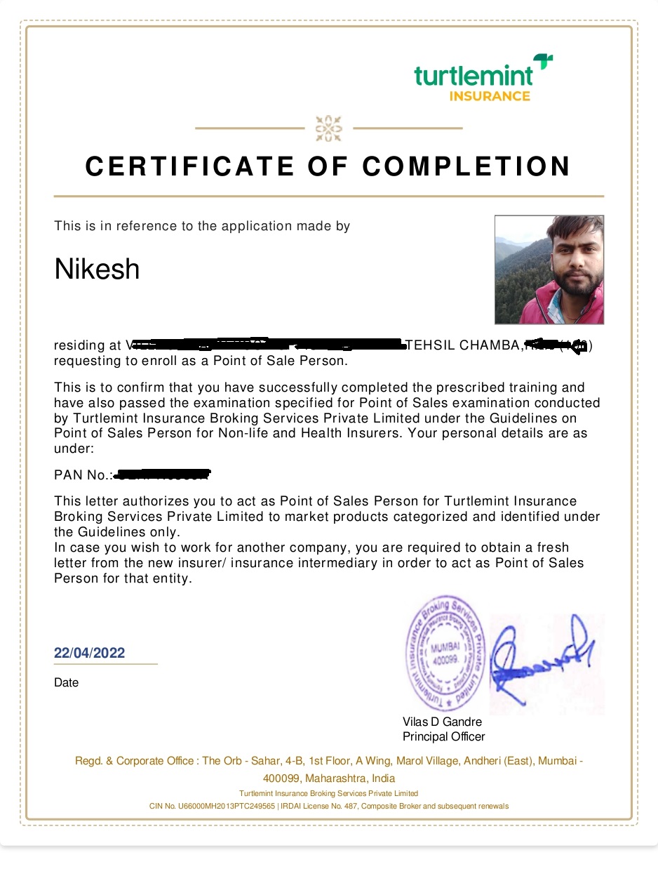 General Insurance POSP Certificate - Turtlemint