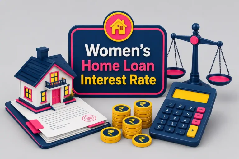 Illustration of a house, documents, and calculator representing women's home loan interest rates and stamp duty savings in India