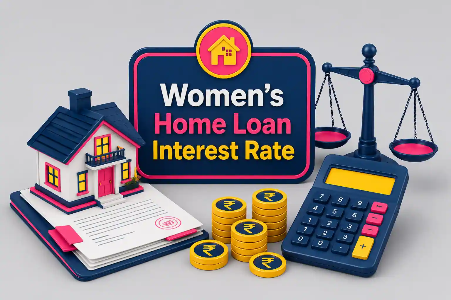 Illustration of a house, documents, and calculator representing women's home loan interest rates and stamp duty savings in India