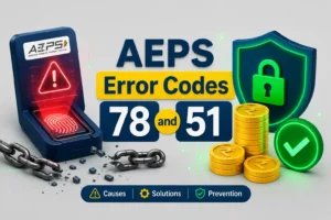 3D illustration showing an AEPS biometric machine with a red error alert resolving into a secure green banking shield.