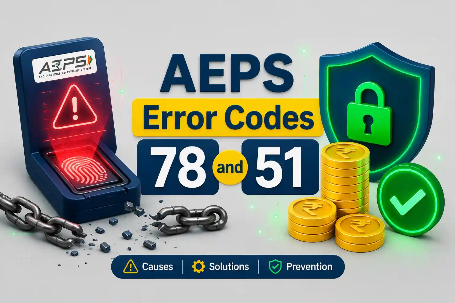 3D illustration showing an AEPS biometric machine with a red error alert resolving into a secure green banking shield.